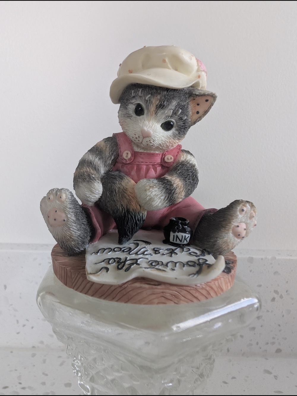 Cute Cat Figurine in Pink Overalla Calico Kittens Enesco 1997
